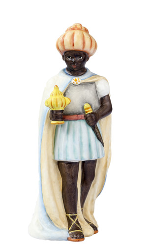 Moorish King HUM 214/L/0 M.I. Hummel Nativity Wise Man figurine with turban and gold cloak. Close-up of the ornate dagger and hand-painted turban on the M.I. Hummel Moorish King.