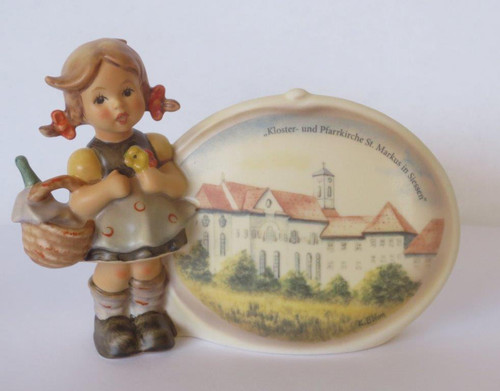 M.I. Hummel Little Visitor and Adventure Time Convent Plaque (HUM 722) featuring a young boy and girl traveling to the Siessen Convent, the historic home of Sister Maria Innocentia Hummel.