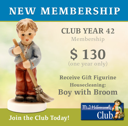 M.I. Hummel Club Year 42 Membership featuring the 2019 exclusive Boy with Broom figurine and the annual Hummel-Post magazine.