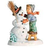 Making New Friends HUM 2002/II M.I. Hummel large figurine featuring a boy and a snowman. Close-up of the hand-painted snowman with top hat and broom from the M.I. Hummel Making New Friends figurine.