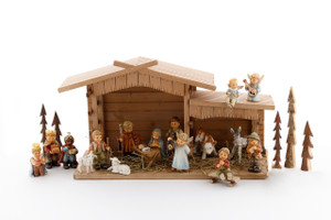 Complete 17-piece M.I. HUMMEL Nativity Set HUM 2230 with stable and Holy Family.