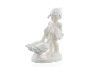 M.I. Hummel Goose Girl White Edition (HUM 47) figurine, monochromatic white glazed porcelain girl with two geese.