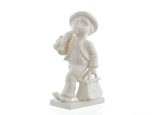 M.I. Hummel Merry Wanderer White Edition (HUM 2346) figurine, monochromatic white glazed porcelain boy with umbrella and travel bag.