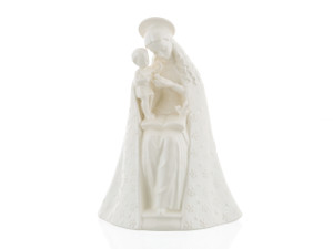 M.I. Hummel Flower Madonna White Edition HUM 10/1, a white porcelain figurine of the Virgin Mary holding the Christ Child with floral accents.