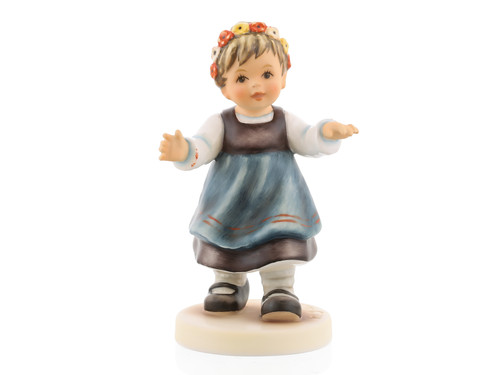 M.I. Hummel figurine HUM 2434 Franconian Dance Girl featuring a young girl in traditional German costume reaching out to dance, handcrafted in Germany.