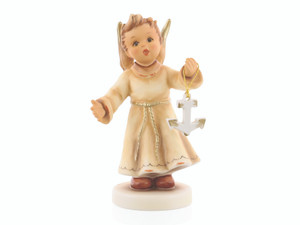 M.I. Hummel Annual Angel 2019 figurine HUM 2386, featuring an angel in a warm brown robe holding an anchor of hope.