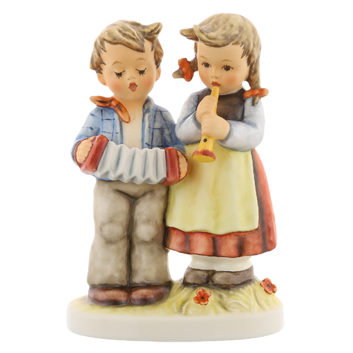 M.I. Hummel figurine HUM 218/0 Birthday Serenade featuring a young girl playing the flute alongside her brother, handcrafted in Germany.