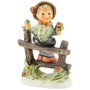 M.I. Hummel figurine HUM 427/3/0 Where Are You? featuring a young boy in a hat and scarf sitting on a wooden fence looking around, handcrafted in Germany.