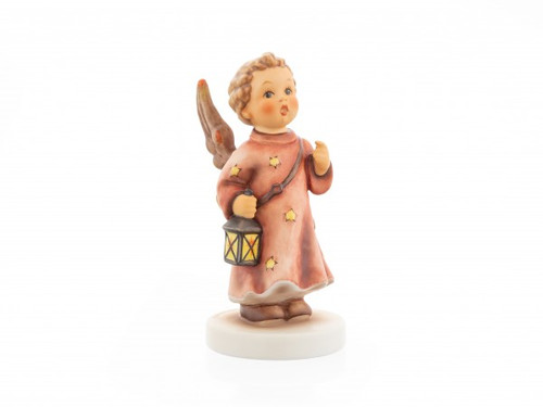 M.I. Hummel Annual Angel 2020 figurine HUM 659, featuring a young boy angel in a red robe holding a dark rustic lantern.