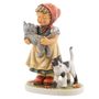 M.I. Hummel figurine HUM 2007/III Mommy's Darling featuring a girl in a red headscarf holding a gray kitten with a white kitten at her feet.