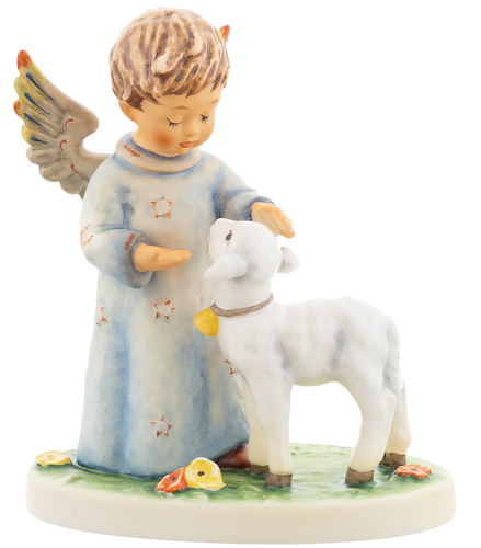 M.I. Hummel's 'I Protect You' figurine HUM 2435 featuring a blonde guardian angel in a light blue robe with a small white lamb. Close-up of the hand-painted spring flowers and the detailed blue and red wing accents on the I Protect You angel.