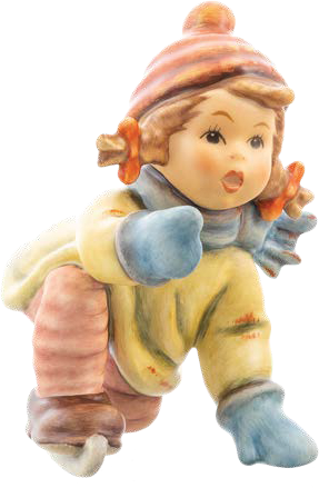 M.I. Hummel figurine HUM 2058/A Skating Lesson featuring a young girl in a winter hat and blue scarf learning to ice skate, handcrafted in Germany