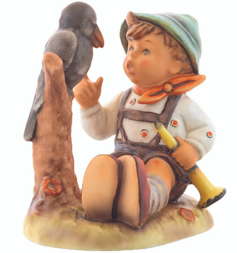 M.I. Hummel figurine HUM 433 Sing Along featuring a young boy in a hat looking up at a large black raven on a branch, handcrafted in Germany.