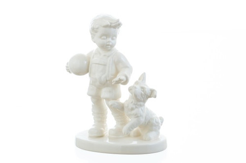 M.I. Hummel White Edition figurine HUM 2346 It's My Turn featuring a boy holding a ball away from his playful dog, handcrafted in Germany.