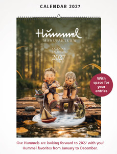 Official Hummel Manufaktur 2027 wall calendar cover featuring two boys on a wooden dock with a toy sailboat.