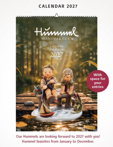 Official Hummel Manufaktur 2027 wall calendar cover featuring two boys on a wooden dock with a toy sailboat.