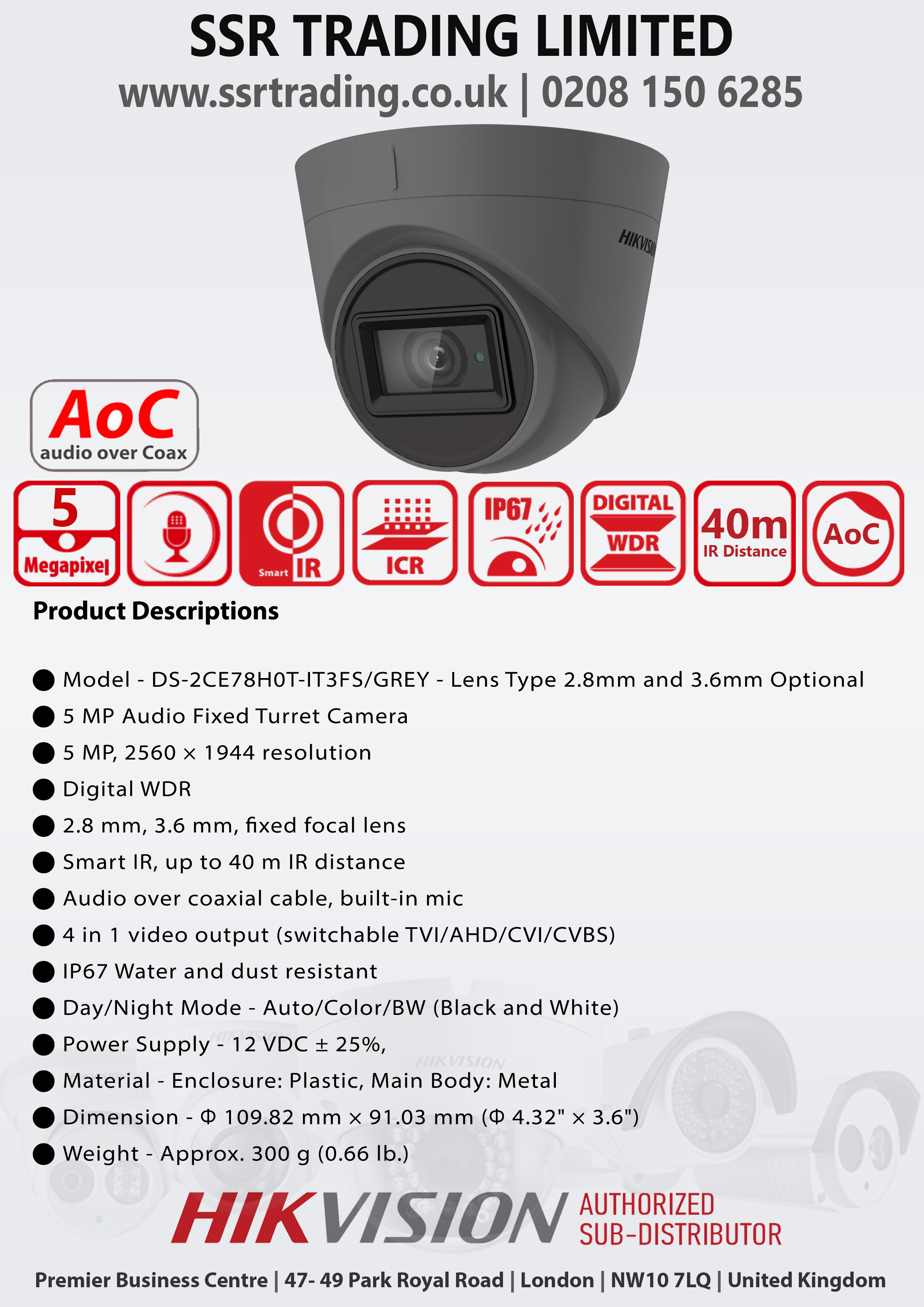 Hikvision 5MP 2.8mm Lens Built-in Mic AoC 40m IR Range EXIR Grey Turret  Camera DS-2CE78H0T-IT3FS/Grey