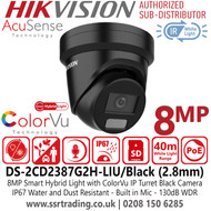 Hikvision 8MP Smart Hybrid Light PoE Camera - DS-2CD2387G2H-LIU/Black (2.8mm)