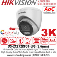 Hikvision 3K ColorVu Smart Hybrid Light Audio TVI Turret Camera With 3.6mm Fixed Lens, 40m White Light Range, IP67 Water and Dust Resistant, Built in Microphone - DS-2CE72KF0T-LFS (3.6mm)