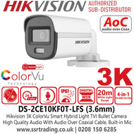 Hikvision Latest CCTV Camera 3K ColorVu Audio Smart Hybrid Light Outdoor TVI Mini Bullet Camera with Built in Mic, 3.6mm Fixed Lens, IP67 Water and Dust Resistant, 20m White Light Range, AoC (Audio Over Coaxial Cable) - DS-2CE10KF0T-LFS (3.6mm)