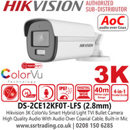 Hikvision DS-2CE12KF0T-LFS 3K ColorVu Smart Hybrid Light Audio Bullet TVI/AHD/CVI/CVBS CCTV Camera with 2.8mm Fixed Lens, 40m White Light Range, IP67 Water and Dust Resistant, Built in Mic, AoC (Audio Over Coaxial Cable)