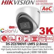 Hikvision 3K Turbo HD ColorVu Audio TVI/AHD/CVI/CVBS Turret Camera With 2.8 mm Fixed Focal Lens, 20m White Light Range, IP67 Water and Dust Resistant, Built in Mic - DS-2CE70KF0T-LMFS (2.8mm)