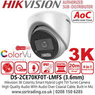  Hikvision DS-2CE70KF0T-LMFS 3K Turbo HD ColorVu Audio IR Dual-light TVI Turret Camera With 3.6 mm Fixed Focal Lens, 20m White Light Range, IP67 Water and Dust Resistant, Built in Mic