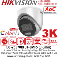 Hikvision Lastest CCTV TVI Camera 3K ColorVu Smart Hybrid Light Audio TVI Turret Camera With 3.6mm Fixed Focal Lens, 20m White Light Range, IP67 Water and Dust Resistant, Built in Mic - DS-2CE70KF0T-LMFS(3.6mm) 