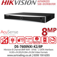 Hikvision AcuSense 8 Channel 8MP NVR with 8 PoE, 2 SATA Interfaces, H.265+/H.265/H.264+/H.264 Video Formats, Support Motion Detection 2.0 - DS-7608NXI-K2/8P