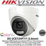  Hikvision 5MP 3.6mm fixed lens 20m white light distance ColourVu full time colour IP67 130dB WDR TVI AHD Turret Camera - DS-2CE72HFT-F