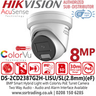 Hikvision IP PoE Smart Hybrid Light ColorVu 8 MP Turret Camera with 2.8mm Fixed lens, Two Way Audio, 130 dB WDR Technology, (IP67) Water and Dust Resistant, Active Strobe Light and Audio Alarm - DS-2CD2387G2H-LISU/SL