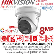 Hikvision IP PoE Smart Hybrid Light ColorVu 8 MP Turret Camera with 4mm Fixed lens, Two Way Audio, 130 dB WDR Technology, (IP67) Water and Dust Resistant, Active Strobe Light and Audio Alarm - DS-2CD2387G2H-LISU/SL