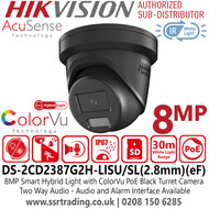 Hikvision Smart Hybrid Light ColorVu 8 MP IP PoE Black Turret Camera DS-2CD2387G2H-LISU/SL with 2.8mm Fixed lens, Two Way Audio, 130 dB WDR Technology, (IP67) Water and Dust Resistant, Active Strobe Light, Audio and Alarm Interface