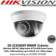 Hikvision 2MP 3.6mm 4-in-1 Fixed Lens 20m IR Indoor Mini Dome Camera (DS-2CE56D0T-IRMMF)