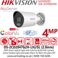 Hikvision 4MP AcuSense Smart Hybrid Light ColorVu IP PoE Bullet Camera with 2.8 Fixed Lens, Built in Two Way Audio - DS-2CD2047G2H-LIU/SL 