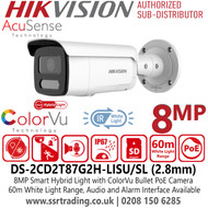 DS-2CD2T87G2H-LISU/SL Hikvision 8MP AcuSense Smart Hybrid Light ColorVu IP PoE Bullet Camera with 2.8 Fixed Lens, Built in Two Way Audio, (IP67) Water and Dust Resistant 