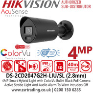 DS-2CD2047G2H-LIU/SL Hikvision 4MP AcuSense Smart Hybrid Light ColorVu IP PoE Black Bullet Camera with 2.8 Fixed Lens, Built in Two Way Audio, (IP67) Water and Dust Resistant 
