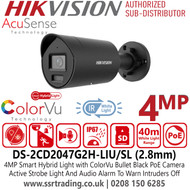 Hikvision DS-2CD2047G2H-LIU/SL 4MP AcuSense Smart Hybrid Light ColorVu Latest CCTV IP PoE Black Bullet Camera with 2.8 Fixed Lens, Built in Two Way Audio, (IP67) Water and Dust Resistant, 130 dB WDR Technology, H.265+ Compression