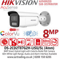 Hikvision 8MP AcuSense Smart Hybrid Light ColorVu IP PoE Bullet Camera with 4mm Fixed Lens, Built in Two Way Audio - DS-2CD2T87G2H-LISU/SL 