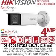 Hikvision DS-2CD2T47G2P-LSU/SL(2.8mm) 4MP Panoramic AcuSense ColorVu IP PoE Bullet Camera with Built in Microphone, 2.8mm Fixed Lens, 40m White Light Range, H.265+ Compression