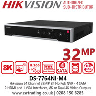 Hikvision 64 Channel 8K Non PoE 16Ch NVR - 4 SATA - 2 HDMI and 1 VGA Interfaces, 8K or Dual 4K Video Outputs - DS-7764NI-M4