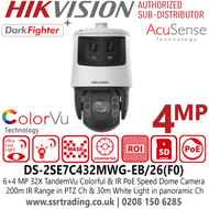  DS-2SE7C432MWG-EB/26(F0) Hikvision 4MP AcuSense Colorful & IR Speed Dome PTZ Camera With 200m IR Distance & 30m White Light, 32 × Optical Zoom, Active Strobe Light and Audio Alarm to Warn Intruders Off