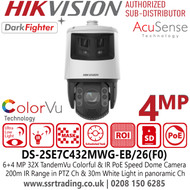 Hikvision 4MP AcuSense Colorful & IR Speed Dome PTZ Camera With 200m IR Distance & 30m White Light, 32 × Optical Zoom, Active Strobe Light and Audio Alarm to Warn Intruders Off, 360° Movement Range - DS-2SE7C432MWG-EB/26(F0)