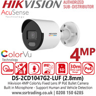 Hikvision DS-2CD1047G2-LUF 4MP AcuSense ColorVu IP PoE Bullet Camera with 2.8mm Fixed Lens, Built in Microphone, IP67 Water and Dust Resistant