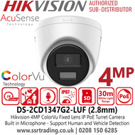 Hikvision DS-2CD1347G2-LUF 4MP AcuSense ColorVu IP PoE Turret Camera with 2.8mm Fixed Lens, Built in Microphone