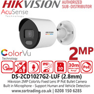 Hikvision 2MP AcuSense ColorVu Latest CCTV IP Bullet Camera with 2.8mm Fixed Lens, Built in Microphone, IP67 Water and Dust Resistant, H.265+Compression, 30m White Light Range, Support Human and Vehicle Detection - DS-2CD1027G2-LUF(2.8mm)