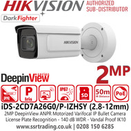 iDS-2CD7A26G0/P-IZHSY Hikvision 2MP Darkfighter DeepinView ANPR Motorized IP Bullet Camera with 2.8-12mm Varifocal Lens, License Plate Recognition, H.265+ Compression, 50m IR Distance, 140 dB WDR