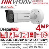 Hikvision iDS-2CD7A46G0/P-IZHSY 4MP Darkfighter DeepinView ANPR Motorized IP Bullet Camera with 2.8-12mm Varifocal Lens, License Plate Recognition 