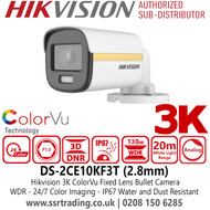 Hikvision DS-2CE10KF3T 3K ColorVu Bullet TVI Camera with 2.8mm Fixed Lens, 20m White Light Distance