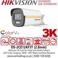 DS-2CE12KF3T Hikvision 3K ColorVu Bullet TVI Camera with 2.8mm Fixed Lens, 40m White Light Distance, 130 dB True WDR, IP67 Water and Dust Resistant
